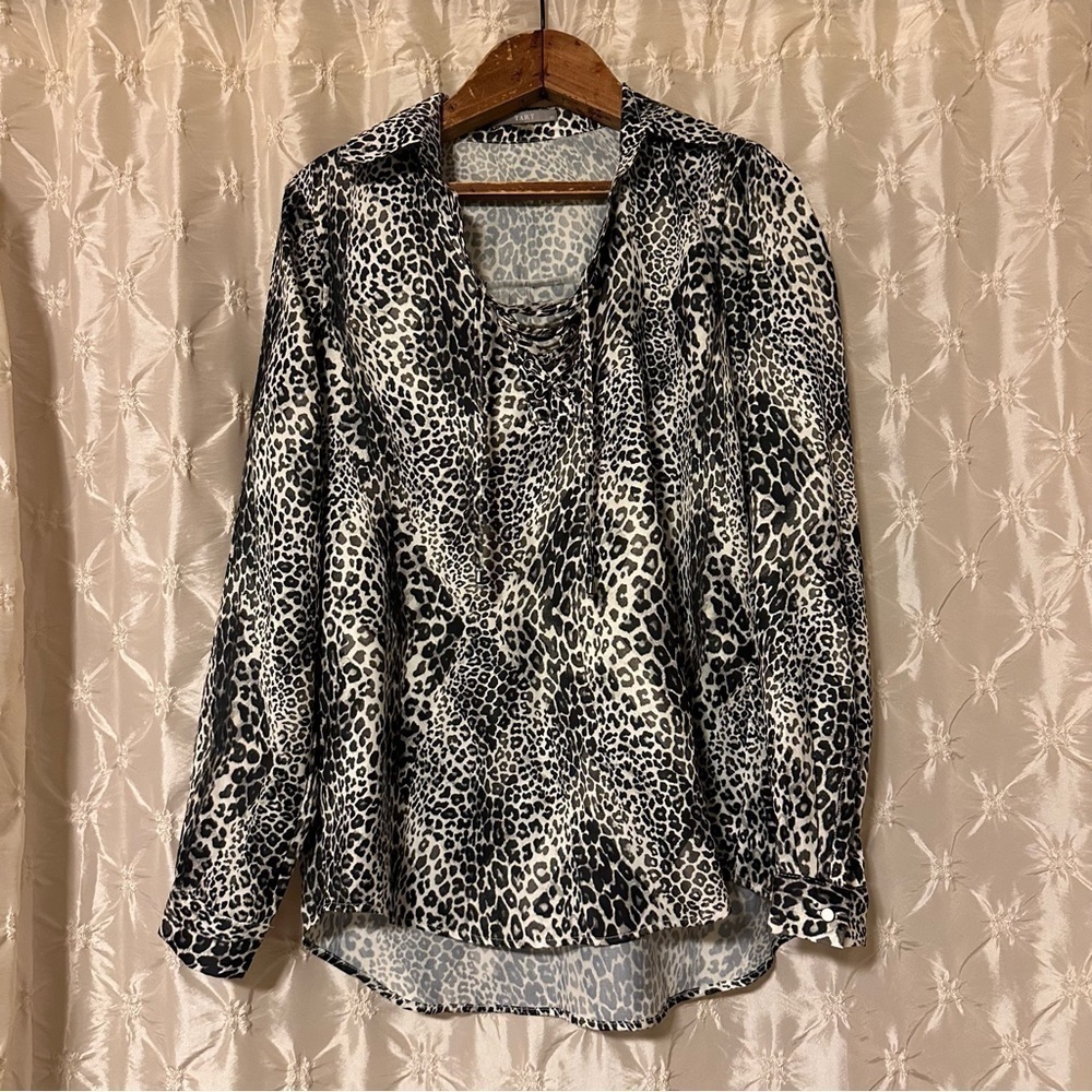 TART Georgia Lace Up Ivory Black Leopard Print Satin Shirt Blouse